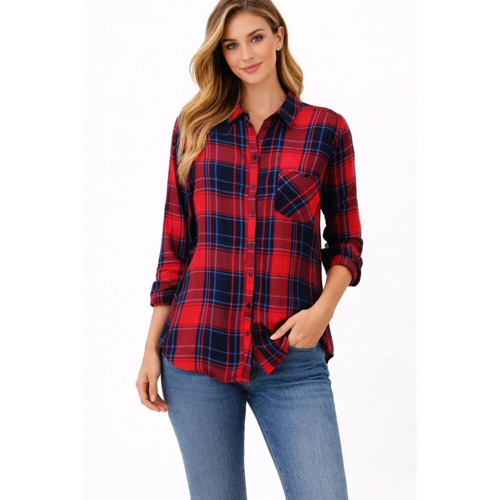 Como Vintage Contrast Print Top Red Plaid XL